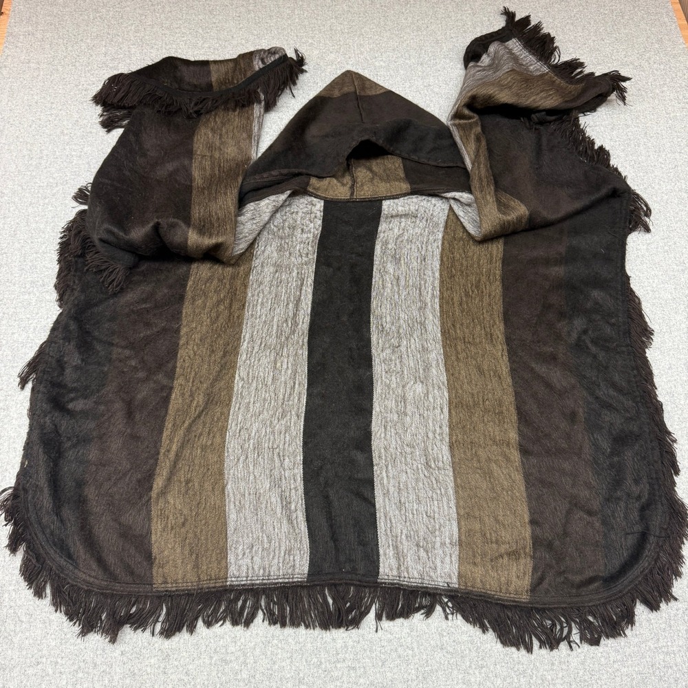 Unbranded Hooded Poncho One Size Brown Striped Fringe Button Wrap Bohemian Soft - Picture 4 of 8